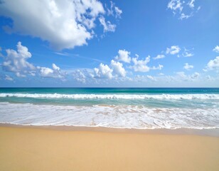 Tranquil beach scene with light blue water lapping gently on a sandy shore under a partly cloudy sky