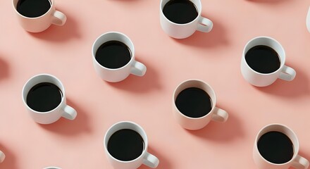 An artistic pattern of black coffee cups on a pastel peach surface, creating a modern and aesthetic vibe, ideal for conveying concepts of coffee culture, design, or minimalistic harmony.