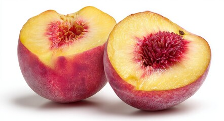The terms peach, peaches, fruit, and the image of Two Halves of a Fresh Peach with Pit Isolated on White Background are all related