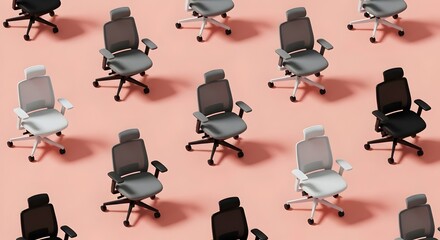 Modern Office Chairs Arranged in a Repeating Pattern on Pink Backdrop
