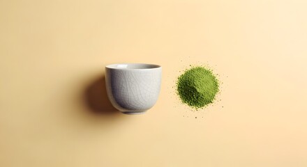 Ceramic Bowl with Matcha Green Tea Powder on Neutral Background