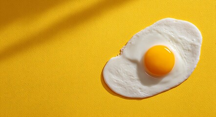 The image features a single fried egg on a yellow background, focusing on the egg and its yolk