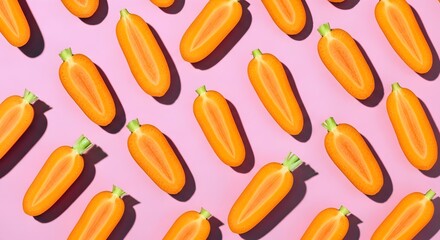 Bright Array of Sliced Carrots on a Vibrant Pink Background