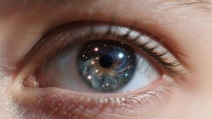 Close-up of a human eye with a cosmic galaxy reflected in the iris, symbolizing the universe within.