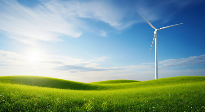 wind turbine on green field, Modern Wind Turbine in a Green Grass Field