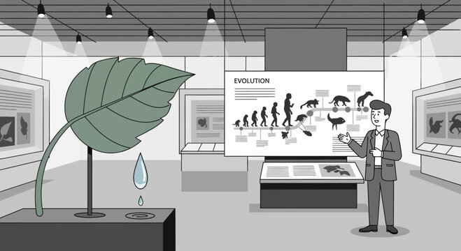 Evolution Exhibit at Museum: Exploring Natural History and Scientific Concepts with Leaf and Water