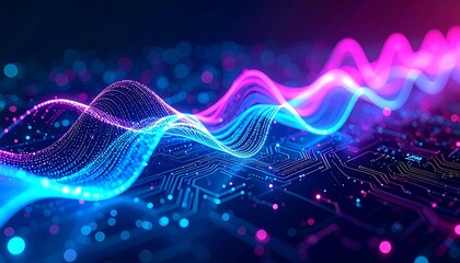 Futuristic circuit board with vibrant neon data waves, symbolizing high-tech information flow.