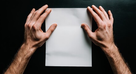 Fingers grasping, clutching, empty, Fingers Grasping Empty White Paper Against Black Background