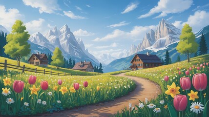 Charming Alpine village nestled among blooming wildflowers with majestic snow-capped mountains backdrop