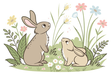 Vector art of two adorable rabbits in a blooming meadow enjoying the spring season with colorful flowers and lush greenery