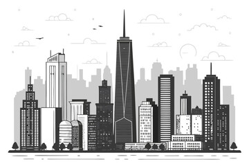 Fototapeta premium Black and White City Skyline Illustration – Urban Architecture Silhouette, Skyscrapers, Buildings, Minimalist Downtown Design, Modern Cityscape Art, Vector Drawing
