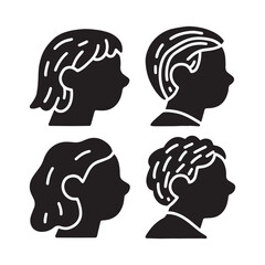 A collection of charming hand-drawn style profile silhouette icons, rendered in solid black against a pure white background. 