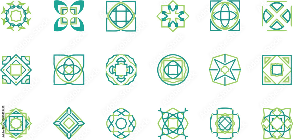 Poster vector art of collection of abstract geometric patterns and symbols in green and yellow isolated on 