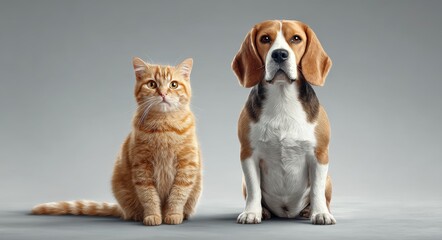 Cat, dog, beagle, and Cute Cat and Beagle Dog Studio Portrait are mentioned