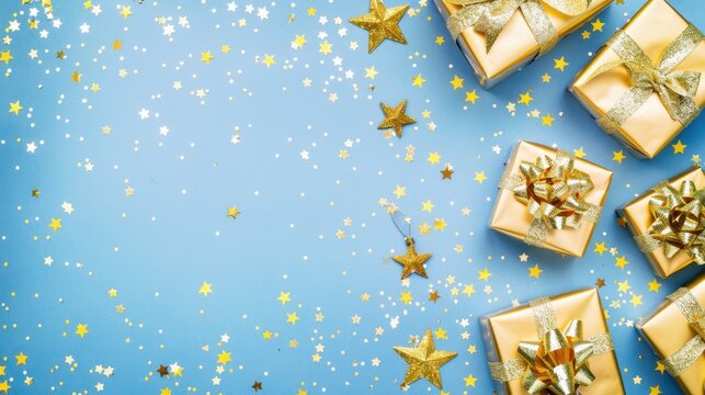 Festive holiday composition on blue background with decorations. AI-generated.