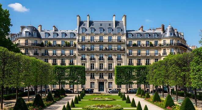 Elegant Parisian architecture and manicured garden on a sunny day in France