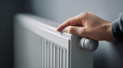 Rand holding radiator. Room temperature domestic central heating radiator. Baseboard heating radiator installation. Radiator heating, indoor heater. Hand adjusting radiator heater control value