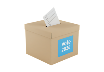 Voting ballot box with 2026 sticker and paper slip for political campaigns and civic awareness visuals