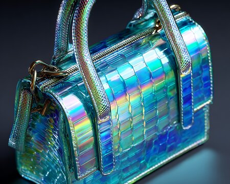 Iridescent hologram handbag with layered pixel texture and cyan glow