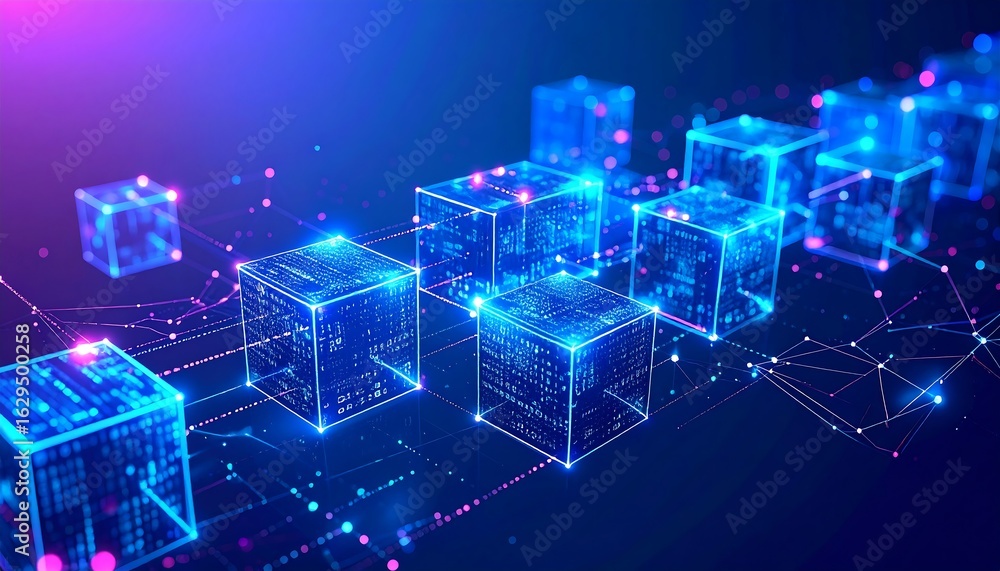 Poster glowing digital cubes interconnected by network lines, symbolizing blockchain, data, and future tech