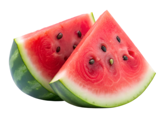 Two triangular slices of fresh watermelon with seeds, isolated on transparent background