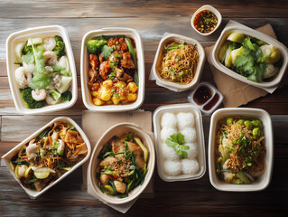 Assorted Takeout Food in Eco-Friendly Containers on Dining Table