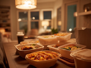 Assorted Takeout Food in Eco-Friendly Containers on Dining Table