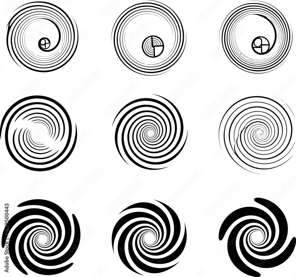 Poster vector art of set of abstract spiral and swirl graphic elements isolated on white background, showca