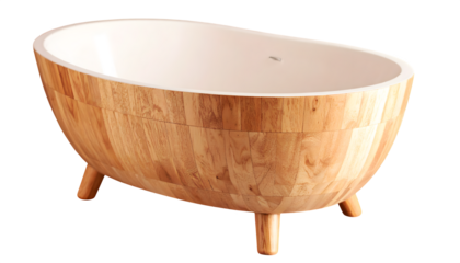 Elegant wooden bathtub with white interior, a modern spa fixture for relaxation and wellness, luxurious bathroom design element on transparent background