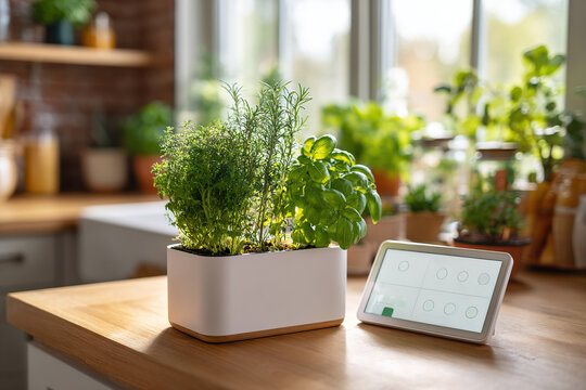 Plant care system enhances modern kitchen with fresh herbs in sunlight