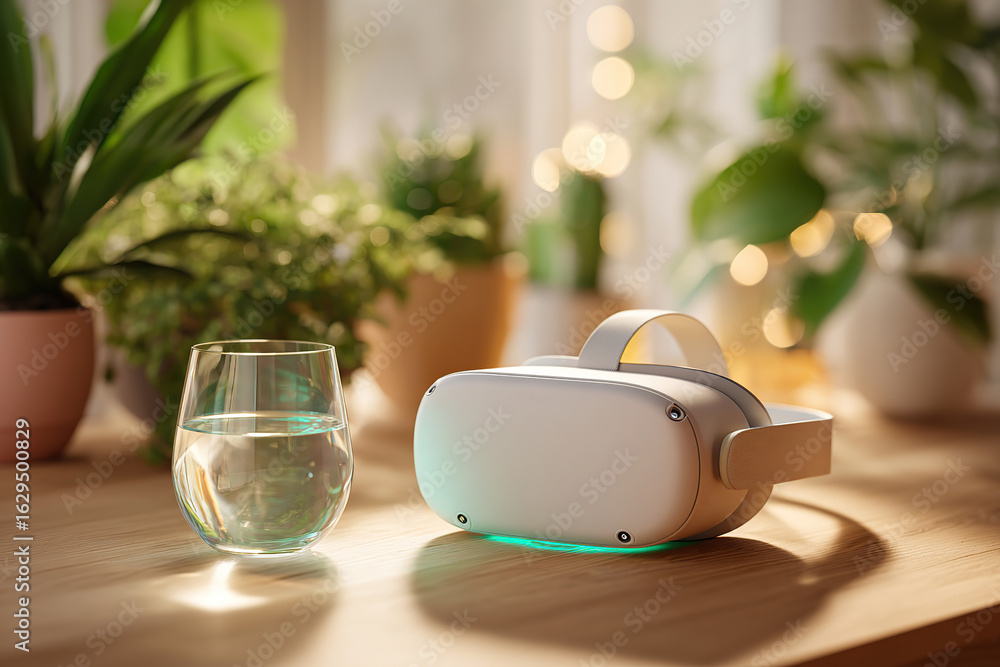 Poster minimal desk setup featuring virtual reality headset and refreshing beverage in a serene environment