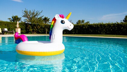 Unicorn Pool Float in Swimming Pool – Inflatable Unicorn Floatie Floating on Clear Blue Water, Fun Summer Vibes, Relaxing Outdoor Scene, No People, Bright Day, Tropical Poolside Atmosphere