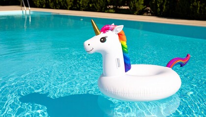 Unicorn Pool Float in Swimming Pool – Inflatable Unicorn Floatie Floating on Clear Blue Water, Fun Summer Vibes, Relaxing Outdoor Scene, No People, Bright Day, Tropical Poolside Atmosphere
