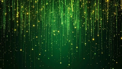 Green and gold shimmering light trails descending on a dark background, dynamic glitter effect.