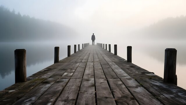 A solitary figure stands at the end of a wooden pier extending into a misty lake.