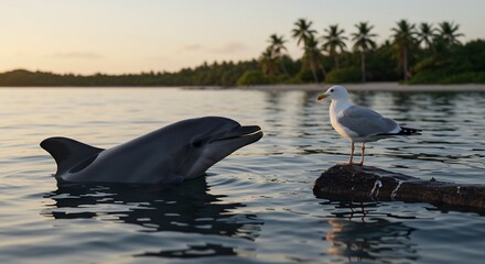 Obraz premium Delphin beobachtet M�we Abendlicht sanft ruhige Wasserlandschaft. AI Generated