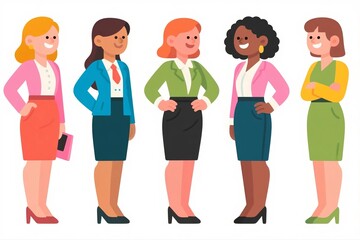 Fototapeta premium Business ladies team. Vector illustration of diverse standing cartoon women in office outfits. Isolated on white.