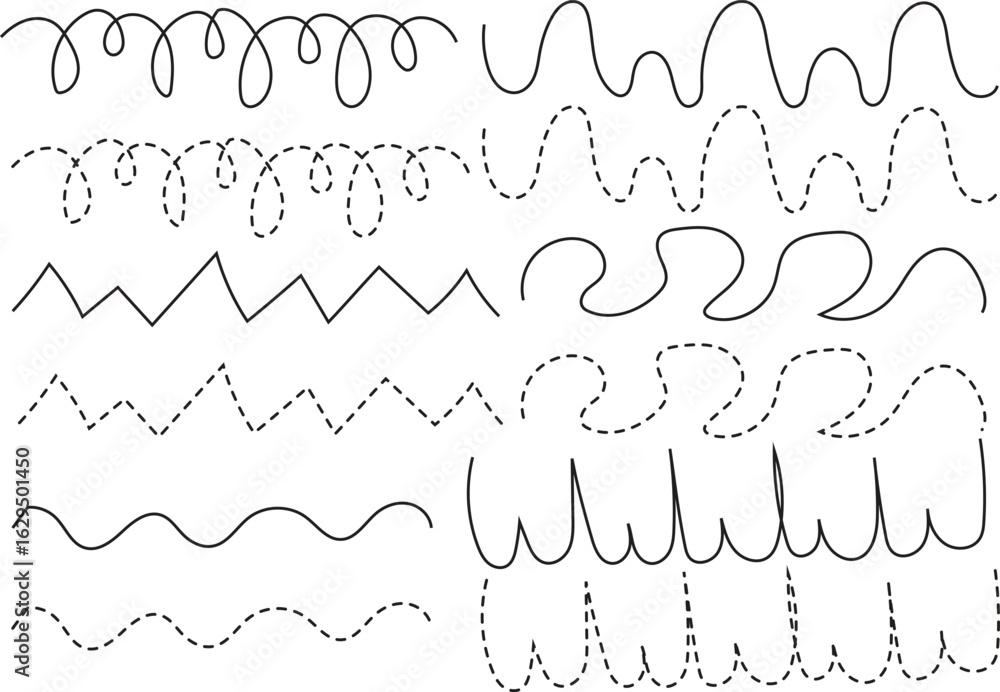 Aufkleber set of wavy and curvy dashed line collection. wiggly sketchy dash lines. dots squiggle loop stripe v