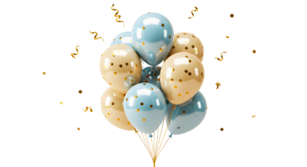 Blue and gold confetti balloons with golden streamers floating on white background, perfect for birthday parties