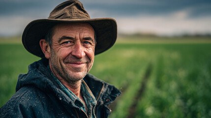 Portrait of a smiling farmer wearing a hat in a field with a cloudy sky above