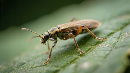 Close-up of a Long-horned Beetle on a Green Leaf