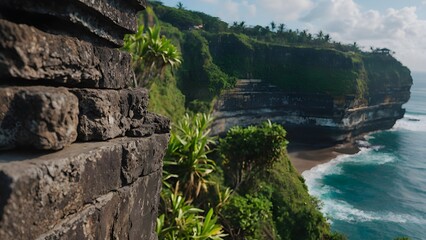 Green trees and summer sky frame the magnificent Cliffs of Moher, with a single rock standing firm against the wild waves of the beautiful blue sea