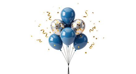 Blue and white balloons with gold confetti floating on white background, festive party decoration perfect for birthday celebrations