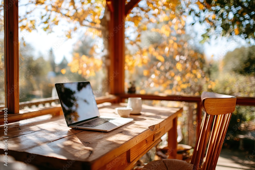 Poster side view of a minimalist workspace with a laptop on a wooden table in a sunlit setting