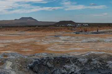 Geothermal Area of Hverir with Fumaroles and Distant Mountain
