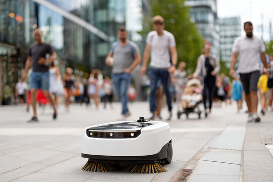 Compact autonomous street sweeper operates among pedestrians in an urban environment