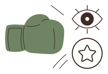 Green boxing glove with lines implying action, alongside an eye and star symbolizing vision, recognition, and effort. Ideal for sports, motivation, focus, leadership, success achievement