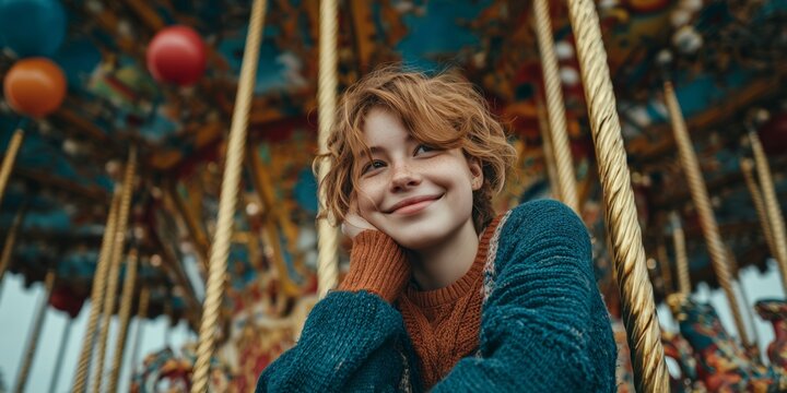 A young woman with curly hair smiles joyfully while riding a carousel. The image captures the excitement and happiness of a childhood amusement park experience.