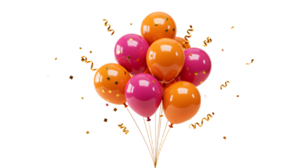 Cluster of shiny orange and purple balloons with gold confetti on a transparent background, perfect for celebration and party designs