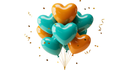 Colorful heart-shaped balloons in teal and orange with confetti and streamers on white background, festive decoration perfect for celebrations and parties